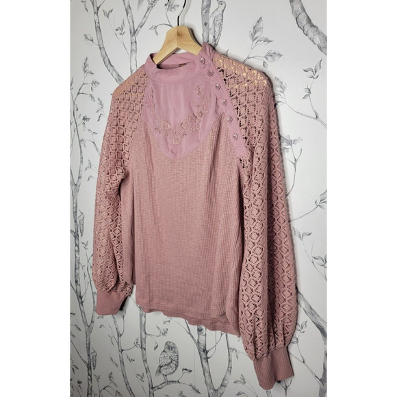 FREE PEOPLE Sz S Sweetest Thing Lace Sleeve Thermal Top - Picture 4 of 12
